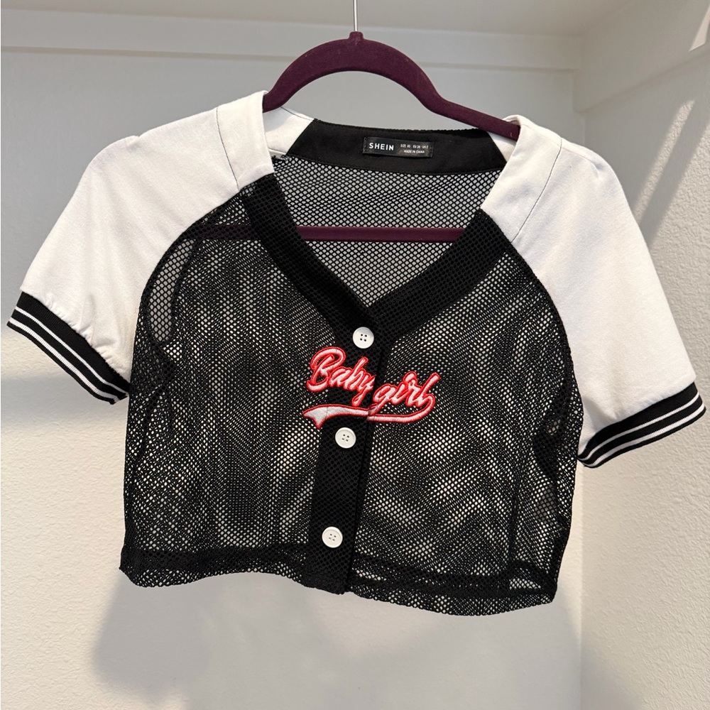 SHEIN Black and White Mesh Crop Top with Red Embroidery
